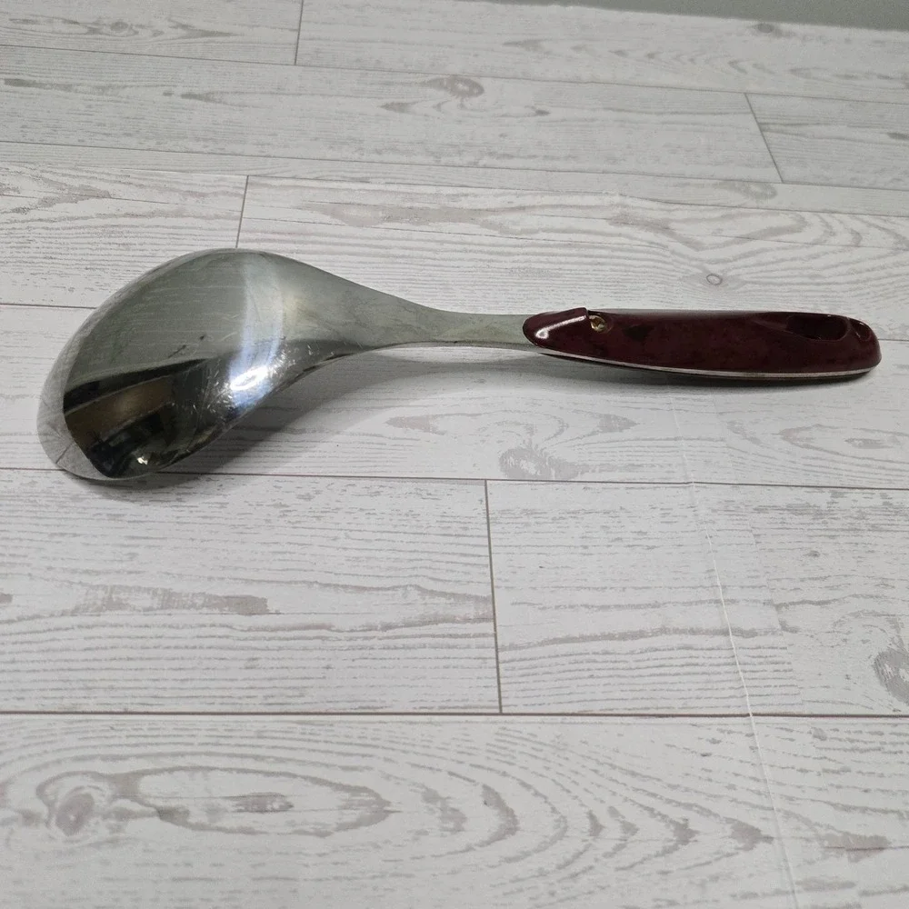 Stainless Steel Serving Spoon Marbled Burgundy Handle Riveted Kitchen Utensil